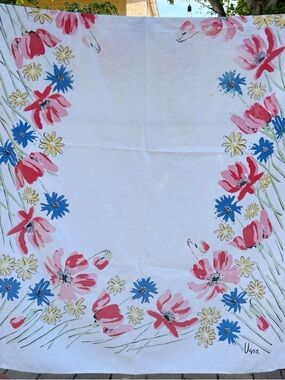 Vintage Vera Neumann Tablecloth Red Poppies Floral 64 X 50 Rectangle Cotton